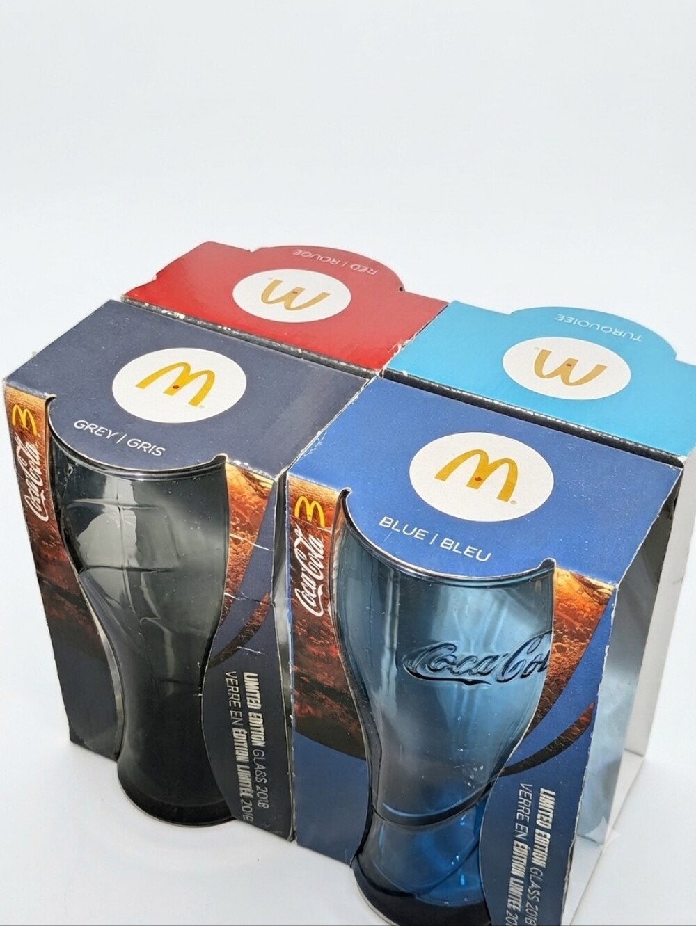 Complete Set 2018 McDonald's Coca-Cola Contour Glasses - Red Turquoise Blue Grey
